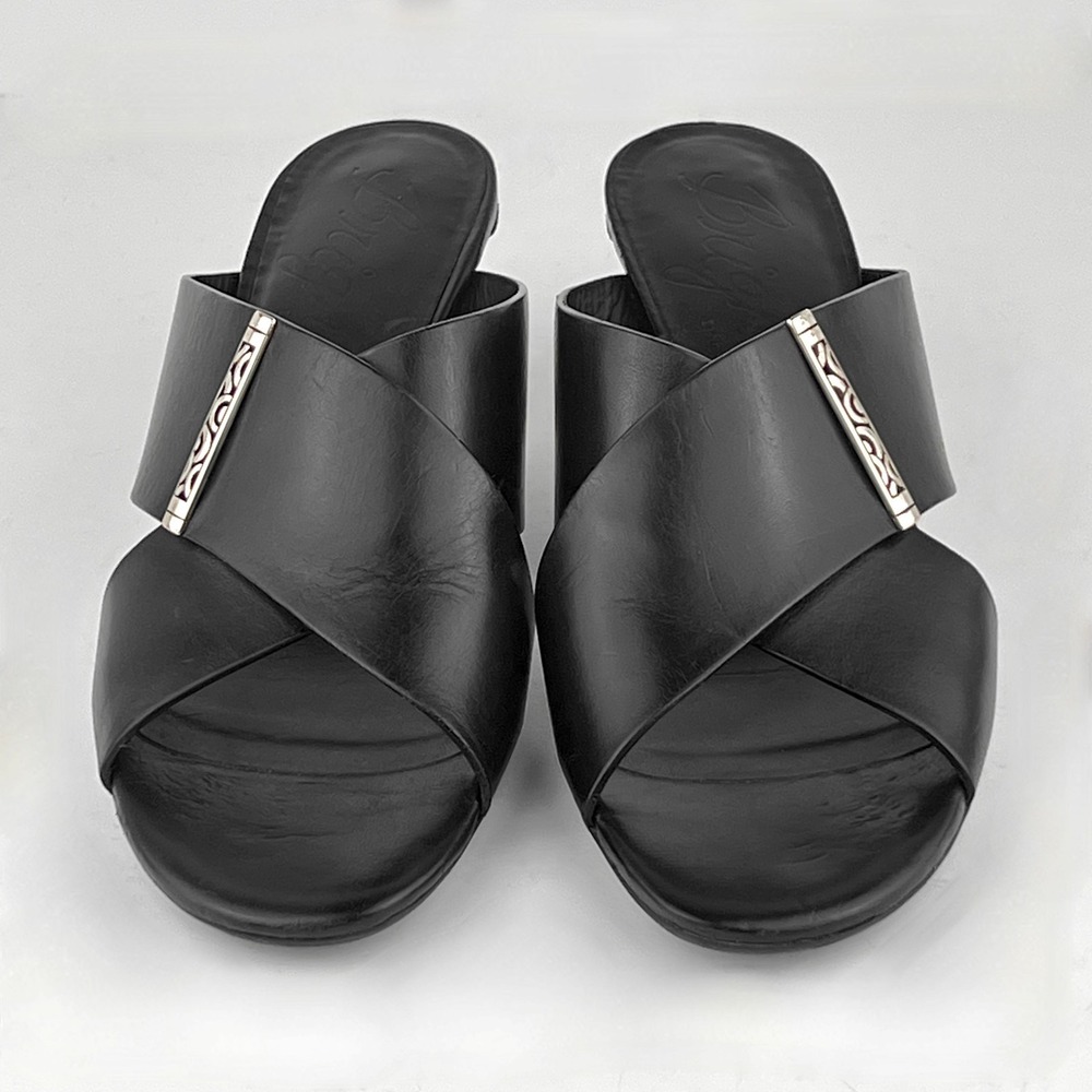 Brighton Tiegs Vacchetta Heeled Sandals Black Leather Silver Hardware Sz 8 Italy - Picture 2 of 9